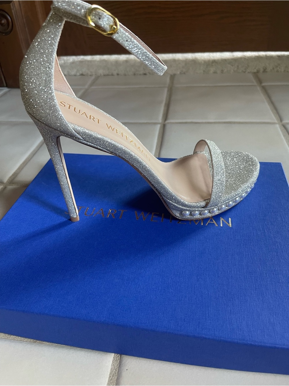 Stuart Weitzman Silver Glitter Pearl-Trim Stiletto Sandals